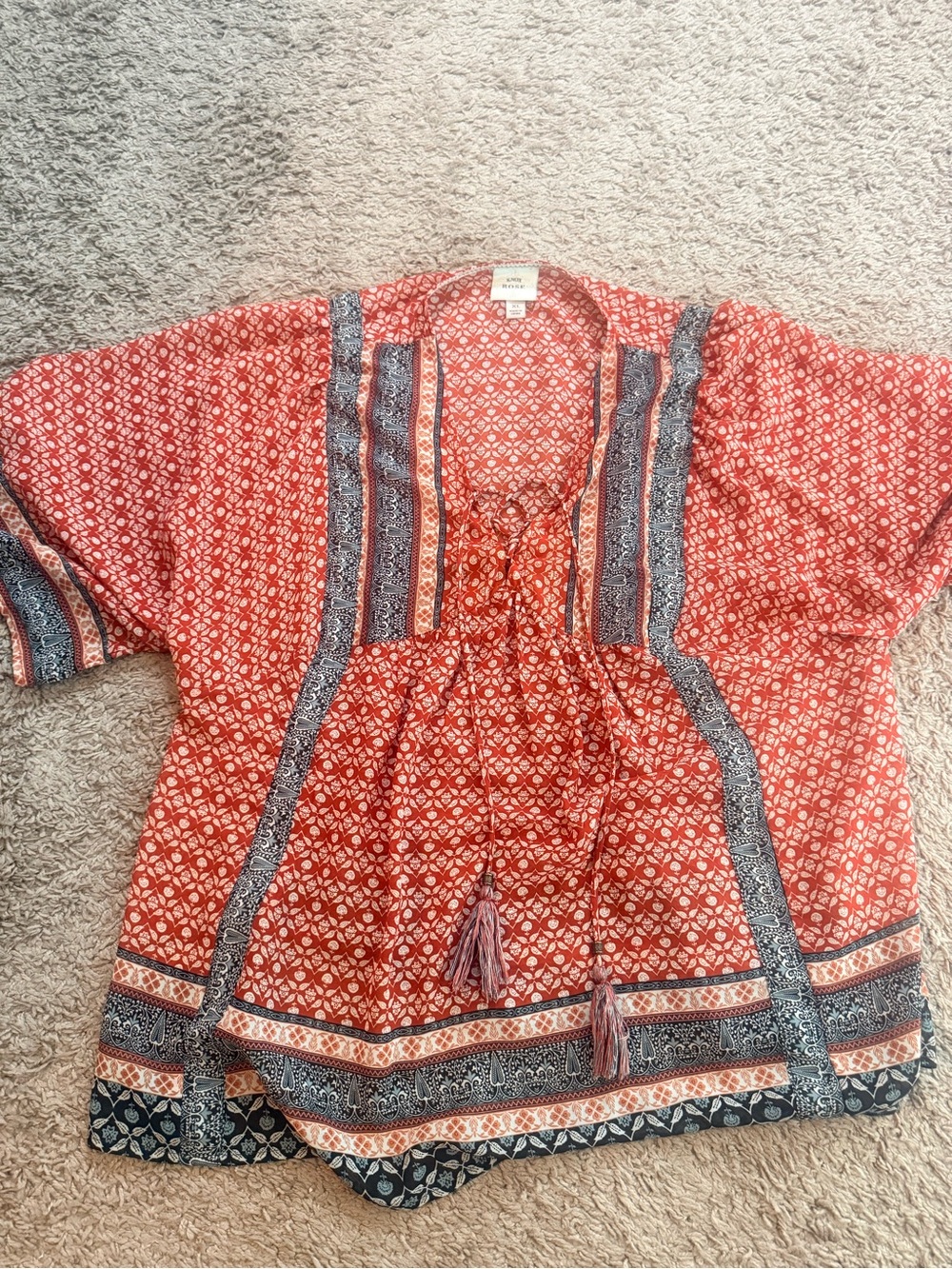 Knox Rose Red & Navy Boho Tie-Front Peasant Top - Picture 2 of 2
